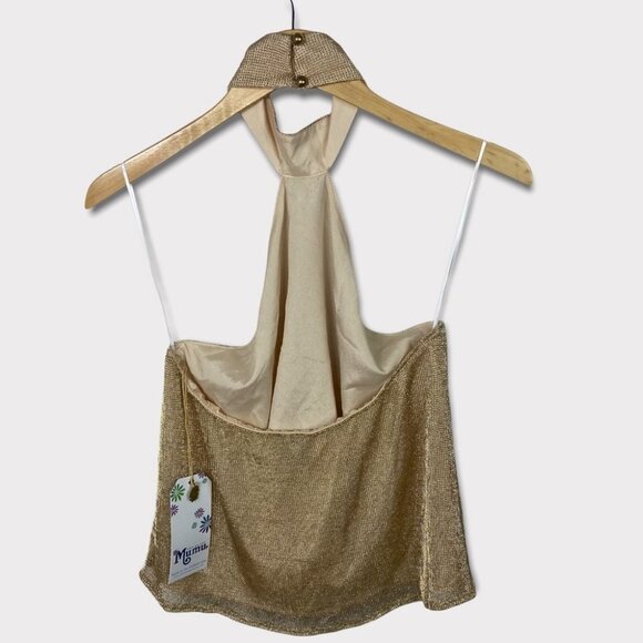 NWT Show Me Your Mumu Alessandra Halter Top Gold Mesh Size Medium New With Tags - Picture 4 of 14